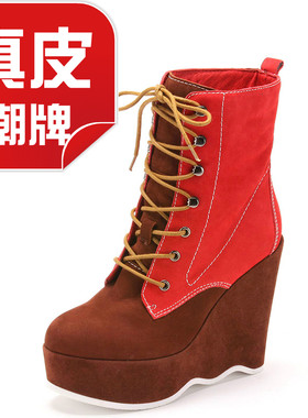 意牌真皮女靴子冬潮坡跟短筒