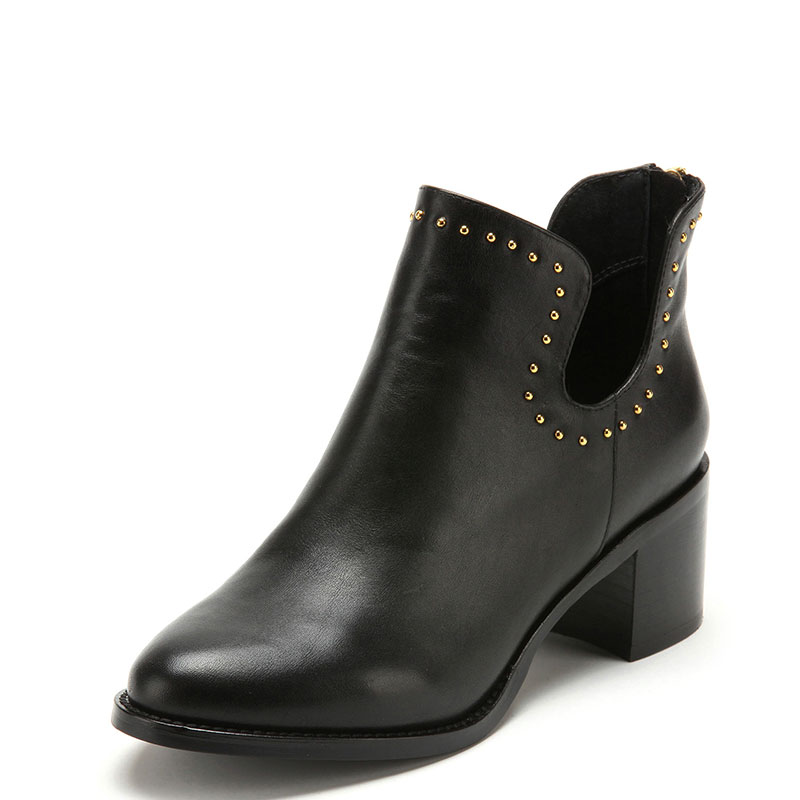 真皮切尔西短靴子女黑色牛皮粗跟