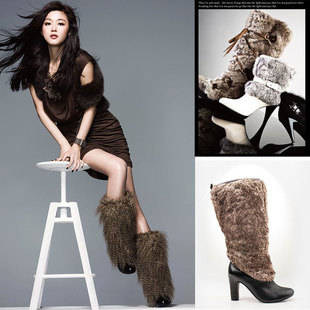 加绒棉靴真皮长靴子女冬牛皮拼接毛毛仿皮草高粗跟套筒SSA4SH0113