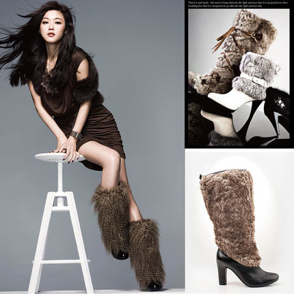 加绒棉靴真皮长靴子女冬牛皮拼接毛毛仿皮草高粗跟套筒SSA4SH0113