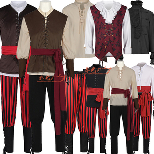 中世纪男款服装贫民海盗套装衬衫马甲裤子套装复古风海盗头巾斜肩