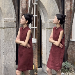 2024新款夏新中式轻国风气质超好看改良铁锈红麻料连衣裙子女