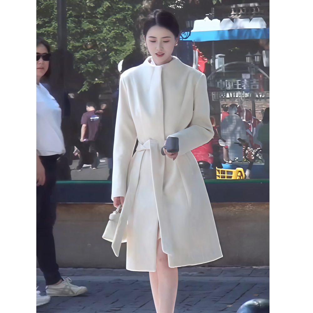 中长款白色收腰系带毛呢外套女装