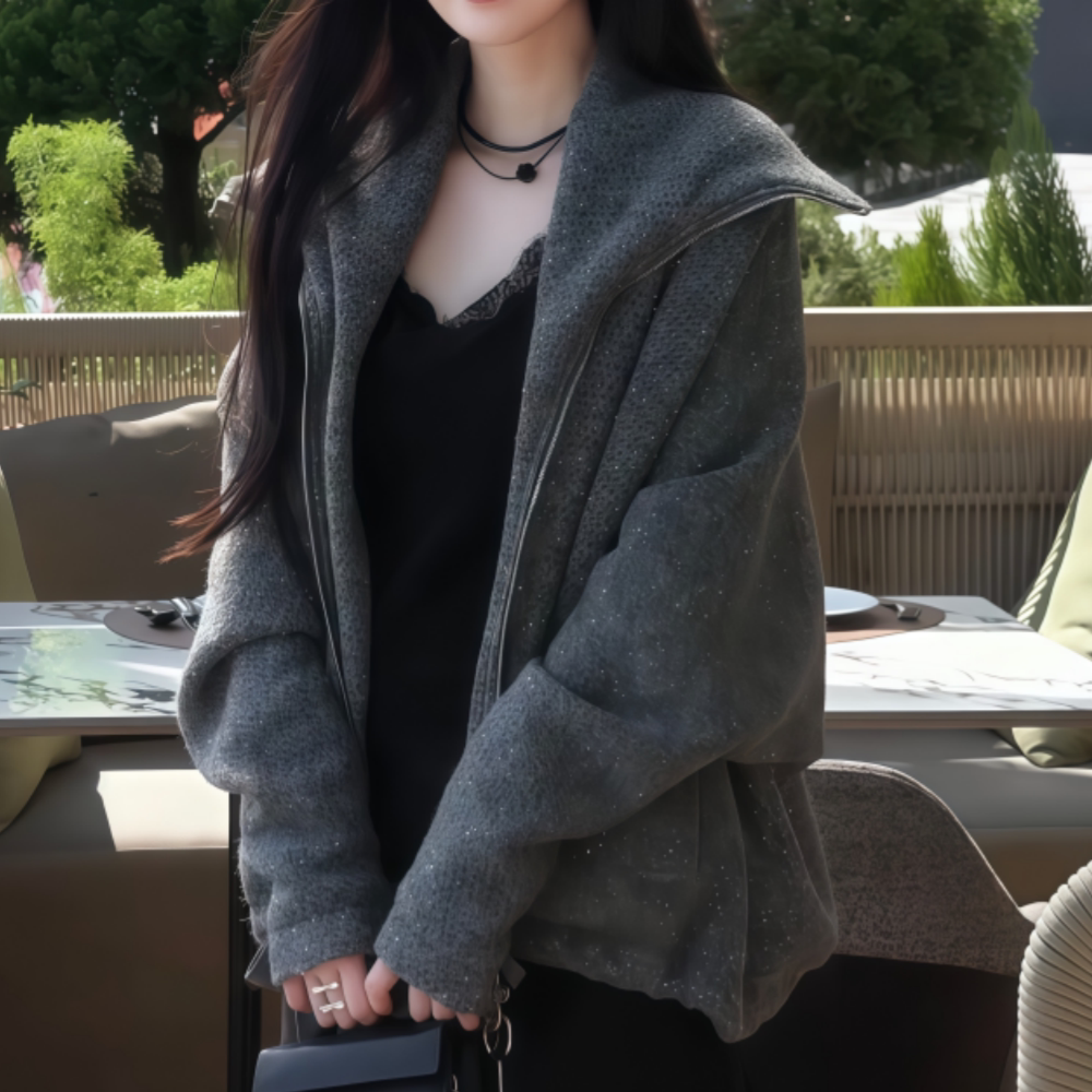 亮片深灰色连帽长袖毛呢外套女