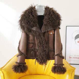 棕色2025秋冬新款大翻领皮毛一体毛绒外套女加厚小个子高级感棉衣