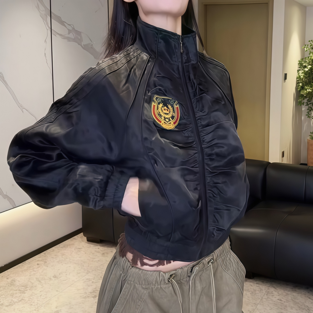 捏褶拉链短外套立领运动棒球服