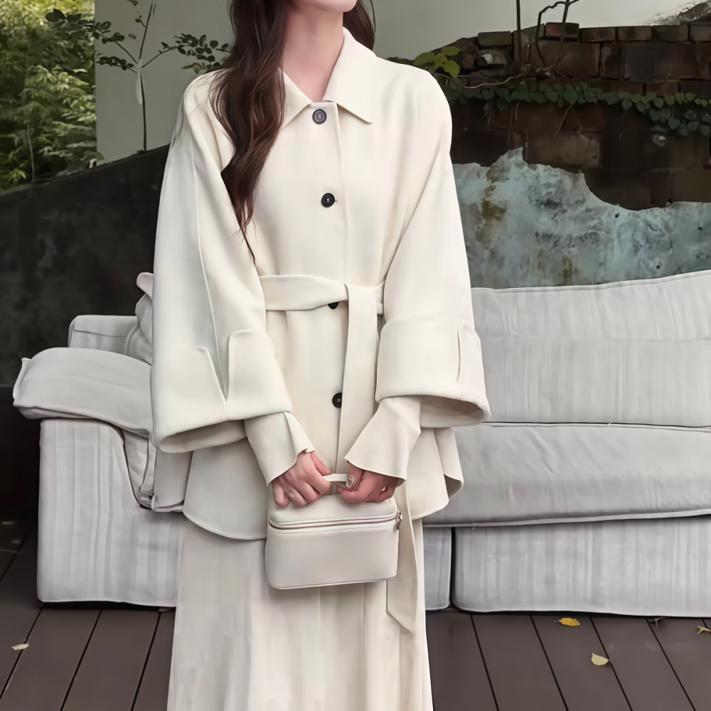 中长款米白色翻领系带毛呢外套女