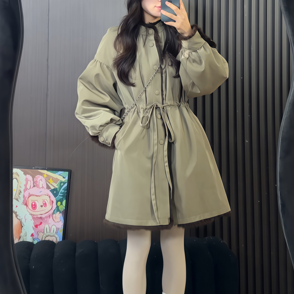 中长款浅绿色立领棉衣外套女2026