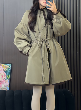 中长款浅绿色立领棉衣外套女2026