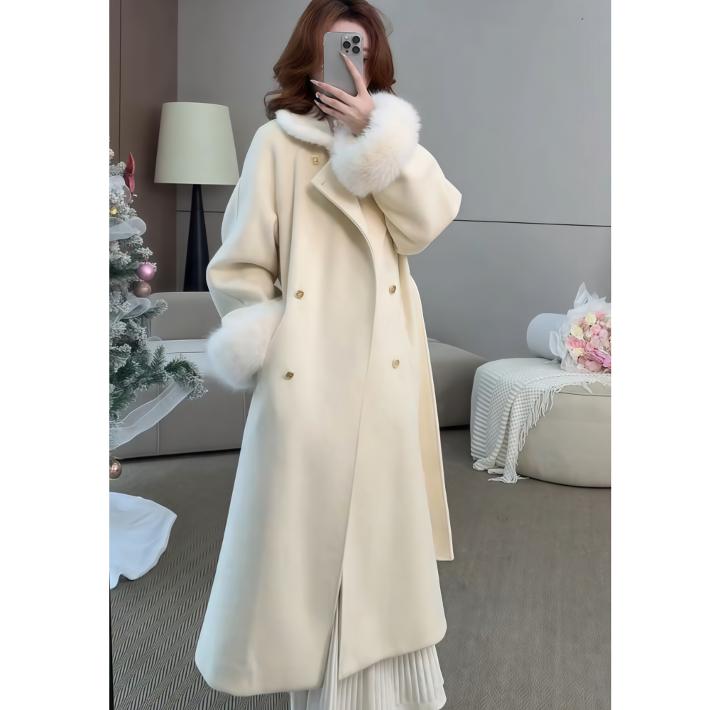 长款乳白色毛毛袖毛呢羽绒外套女