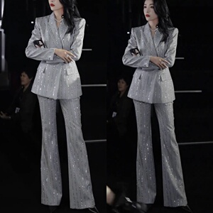 2025春秋新款女韩系简约时尚高级感珠片西装外套显瘦长裤两件套女