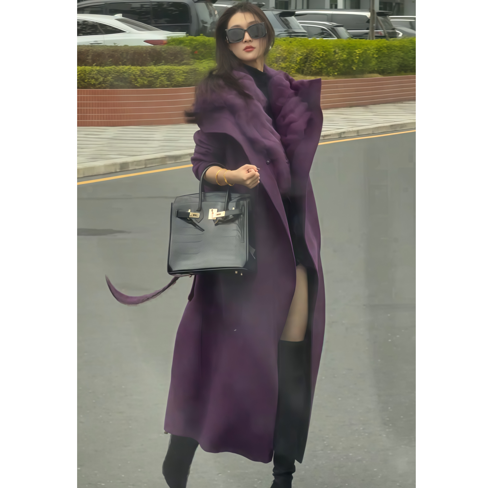毛毛领长款紫色系带毛呢外套女装