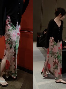 复古高腰开叉印花半身裙女