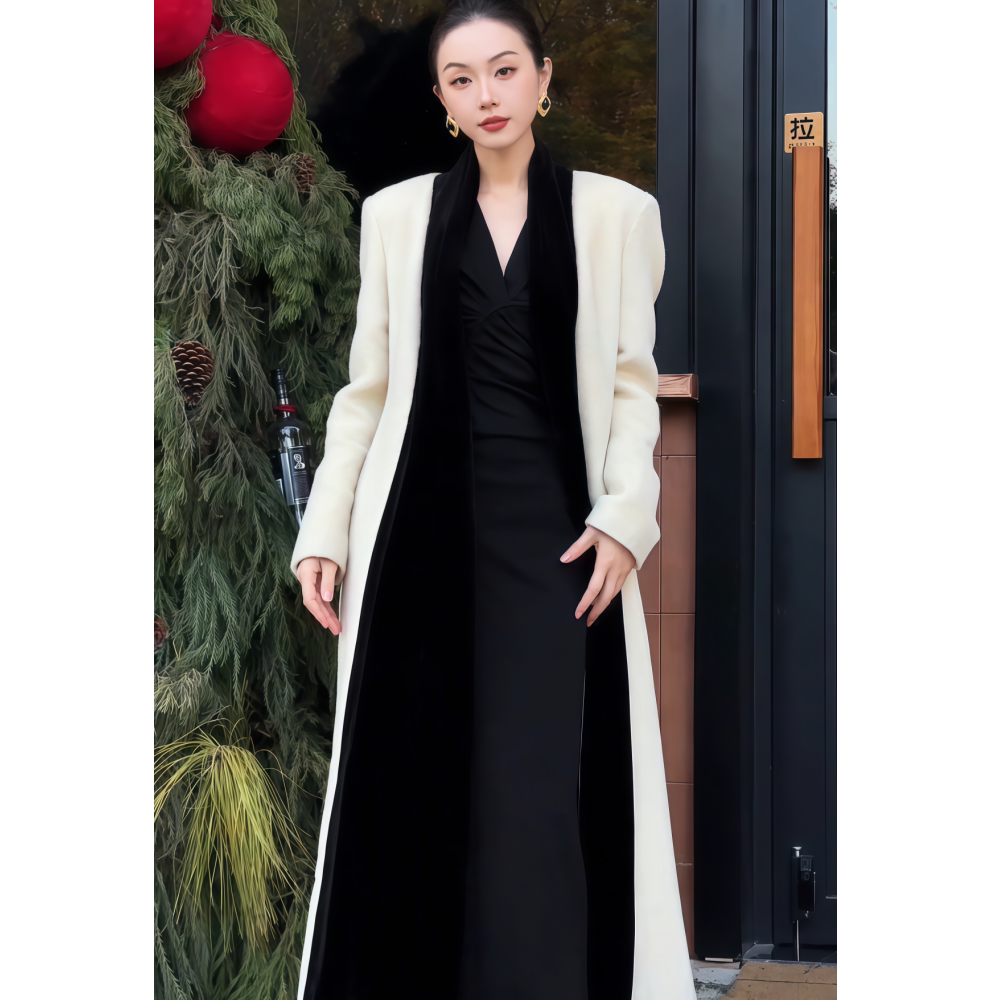 小众时尚长款撞色领纯色毛呢大衣