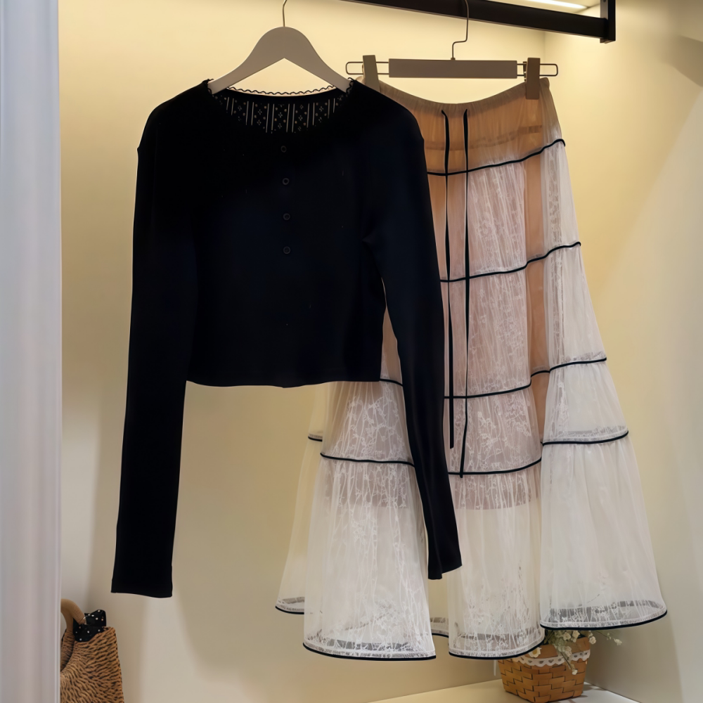 2026年春新款韩系通勤百搭休闲风黑色上衣白色半裙时尚套装女装