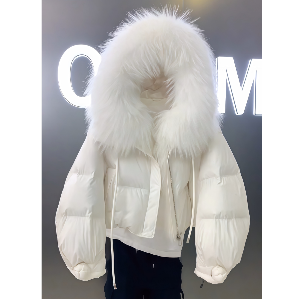 小香风纯色款大毛领保暖棉衣服女