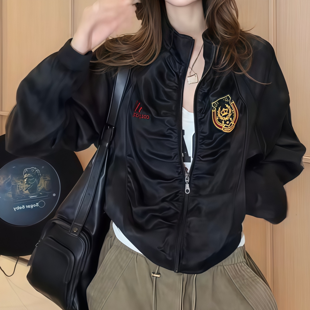 秋季美式刺绣黑色棒球服捏褶拉链