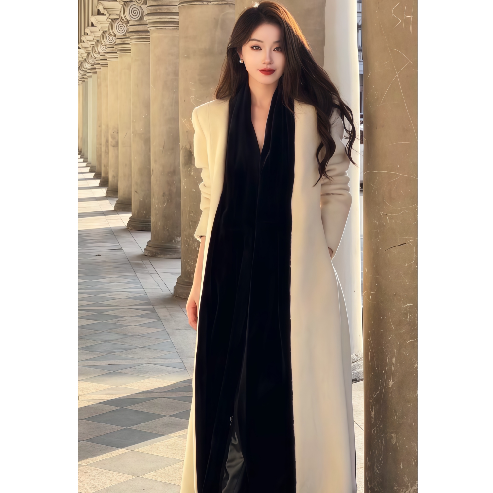 白色翻领系带长款毛呢大衣外套女