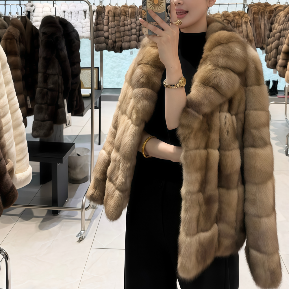 卡其色毛绒拼接皮毛一体外套女