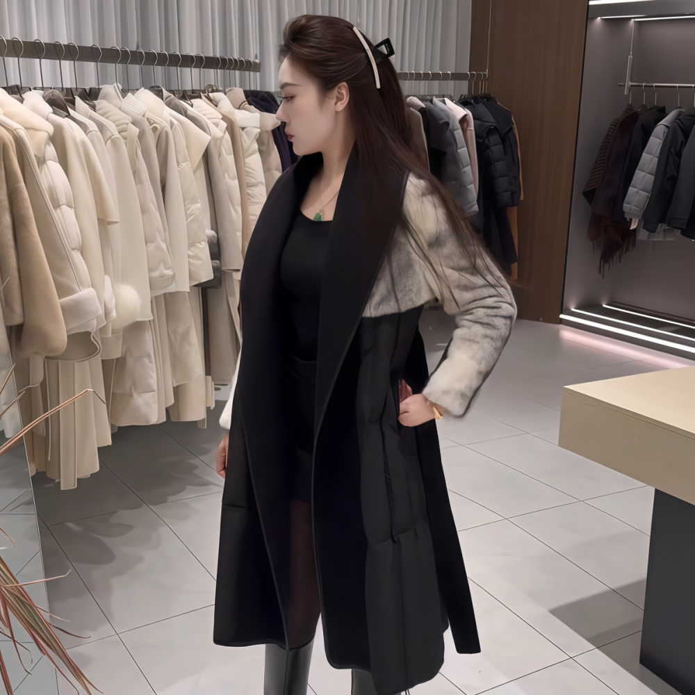 2025年冬季新款韩系女神范气质休闲风小众中长款收腰拼接款羽绒服