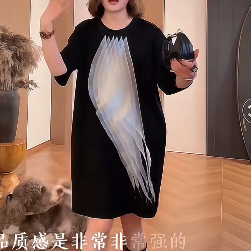 连衣裙女立体薄纱显瘦中长裙大码