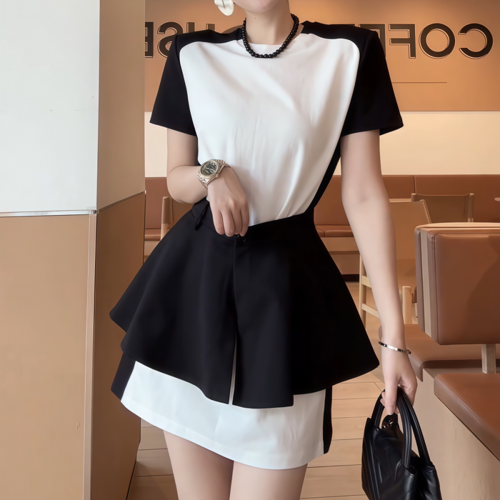 服饰时尚黑白拼色修身显瘦短袖百搭套装裙时尚显瘦连衣裙两件套装