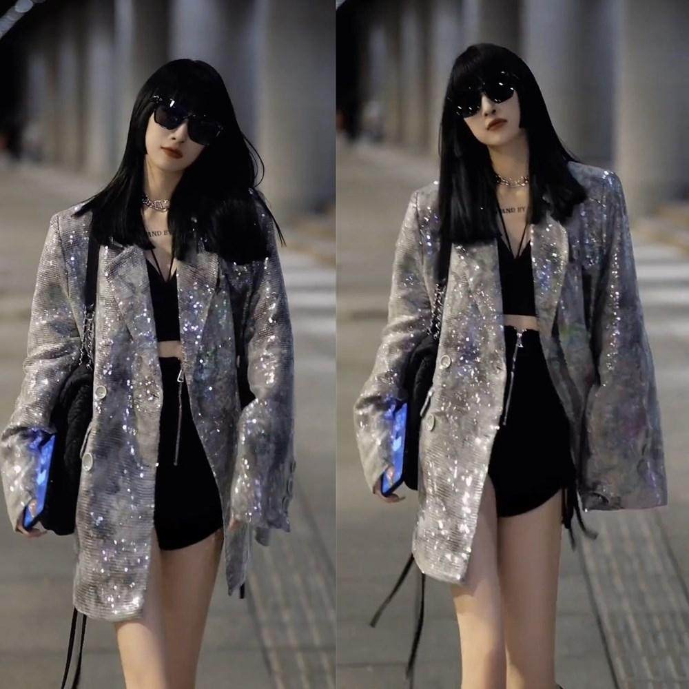 目光收割机灰色亮片西装中长款女