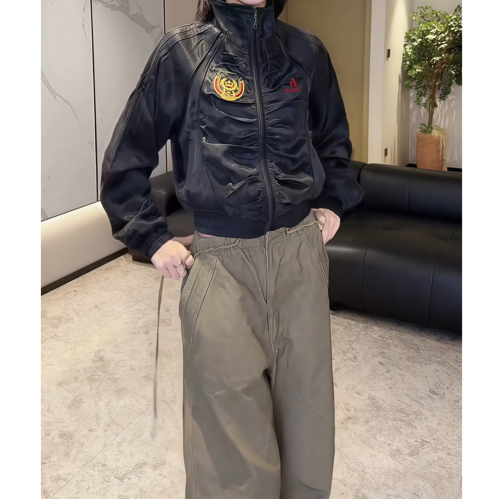 深蓝色短外套直筒裤套装女时尚
