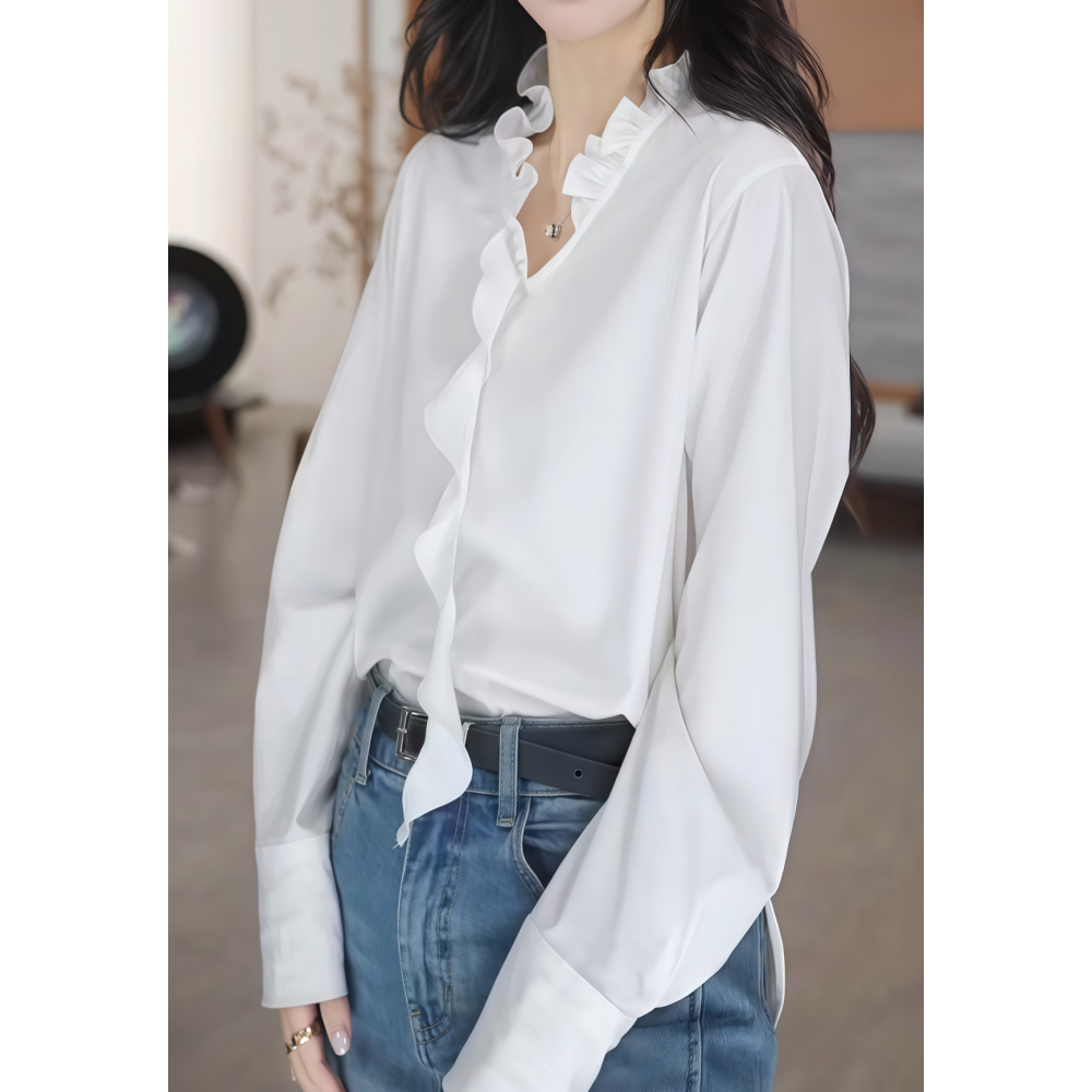 V领衬衫宽松气质纯色服饰上衣