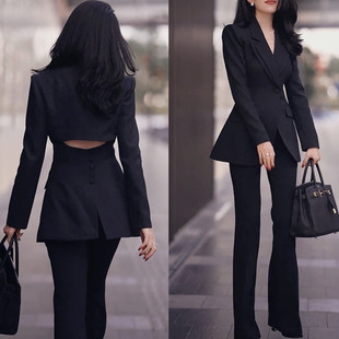 2026春季新款高级感职业西装套装女黑色修身露腰西服微喇裤两件套