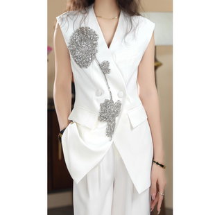 洋氣高級感釘珠立體花純色馬甲直筒褲 2025夏季 新款 韓版 女 套裝