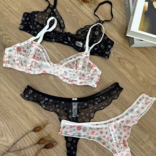 超薄复古小碎花法式蕾丝内衣大胸显胸小胸罩聚拢文胸套装Lingerie