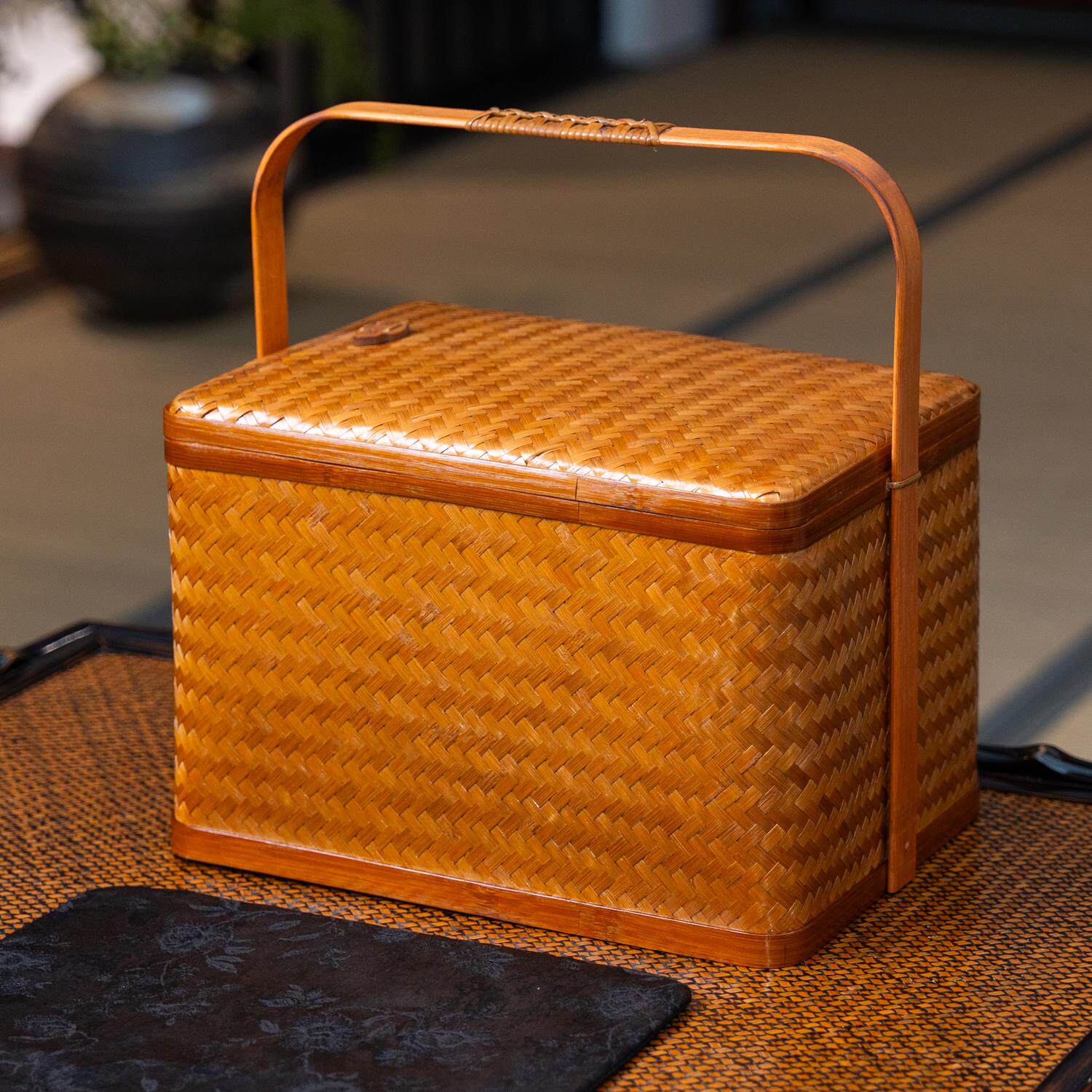 手工竹编茶具收纳盒提盒食盒点心篮提篮带盖防尘家用便携复古中式