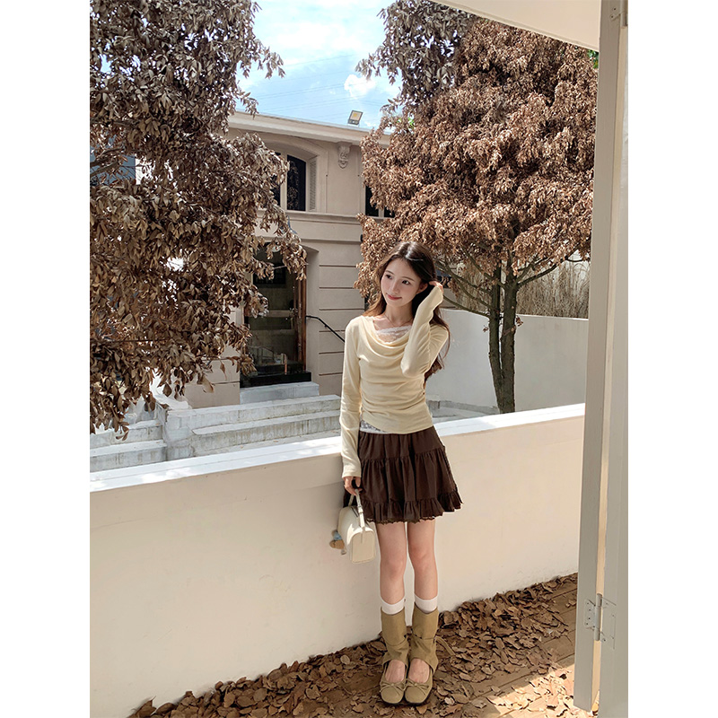 cozydays杏色假两件蕾丝拼接长袖T恤女2025新款慵懒小众斜肩上衣
