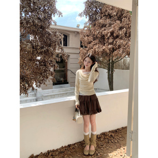 cozydays杏色假两件蕾丝拼接长袖 慵懒小众斜肩上衣 T恤女2025新款