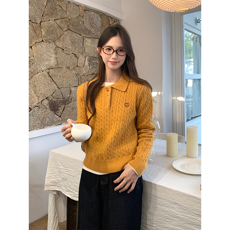 cozy days韩系麻花polo领针织衫女秋冬气质休闲翻领显瘦百搭毛衣