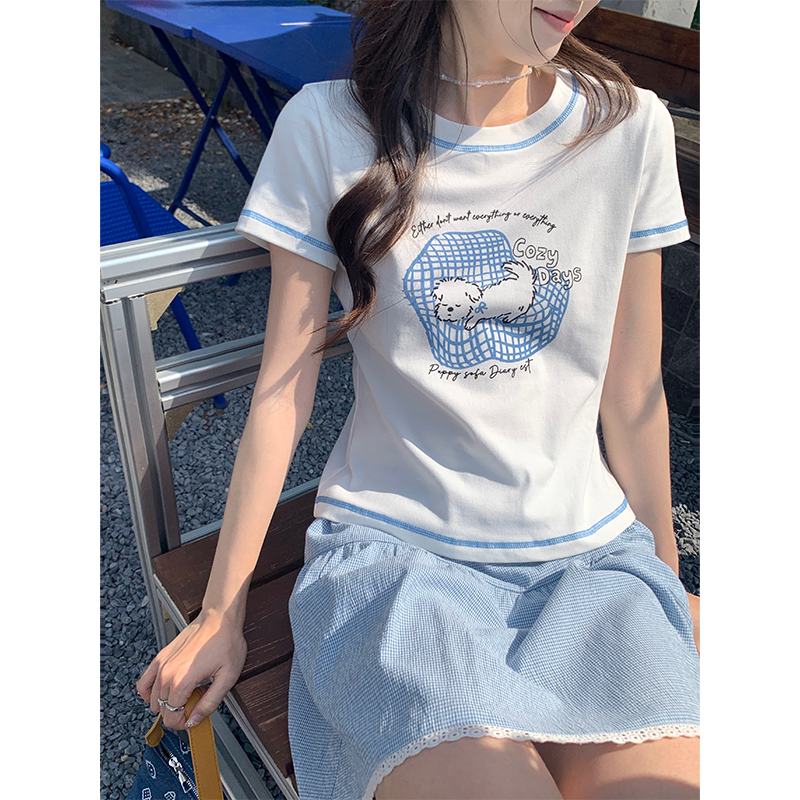 cozydays 白色印花拼接圆领短袖T恤女夏新款收腰显瘦韩系休闲上衣