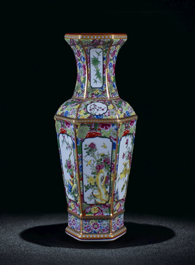 景备镇陶瓷器六方瓶粉彩仿古花鸟中式花瓶居家装饰柜台工艺品摆件