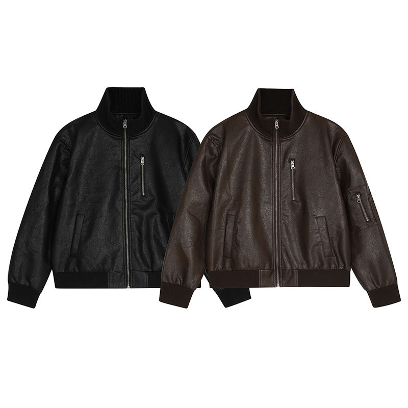 TKPA美式复古boxy短款PU仿皮衣夹克男女MA1宽松休闲工装外套跨境