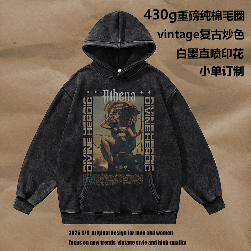 TKPA秋冬跨境重磅水洗连帽卫衣欧美复古直喷印花oversize纯棉帽衫