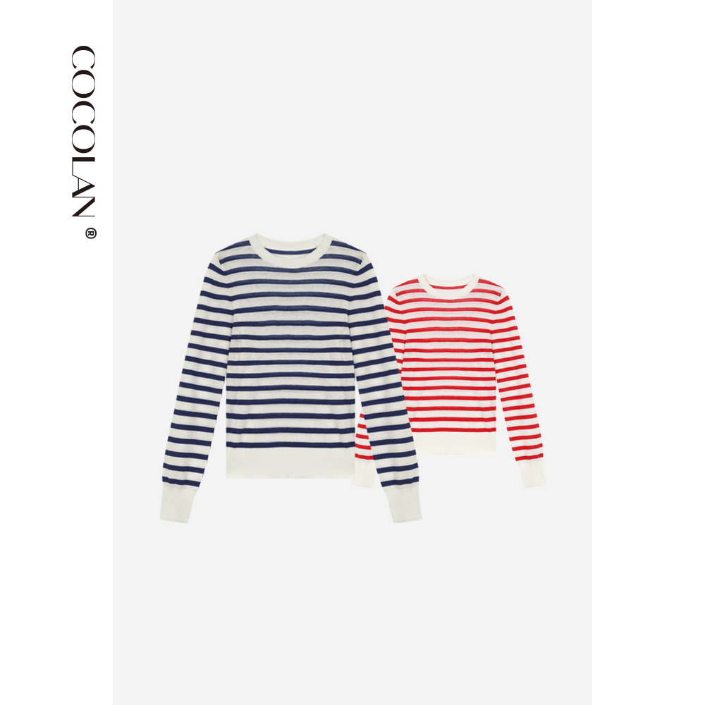 套头圆领羊毛条纹针织T恤