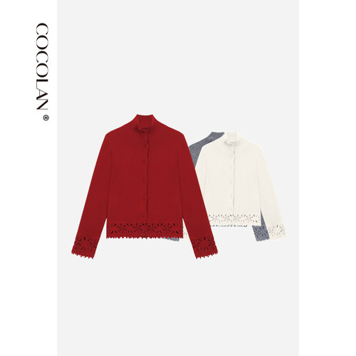 绵羊毛勾花袖口下摆开衫毛衣