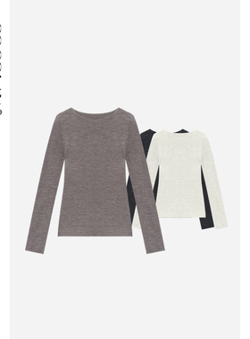 COCOLAN【鱼骨线】100绵羊毛长袖针织打底衫2025秋季一字肩上衣女