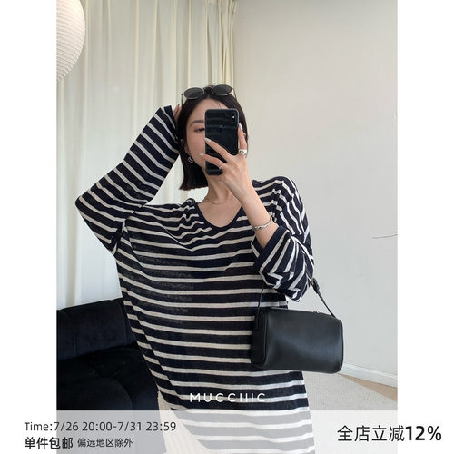 MUCCHIC/松弛感亚麻条纹针织衫早秋薄款U领宽松懒人长袖T恤上衣