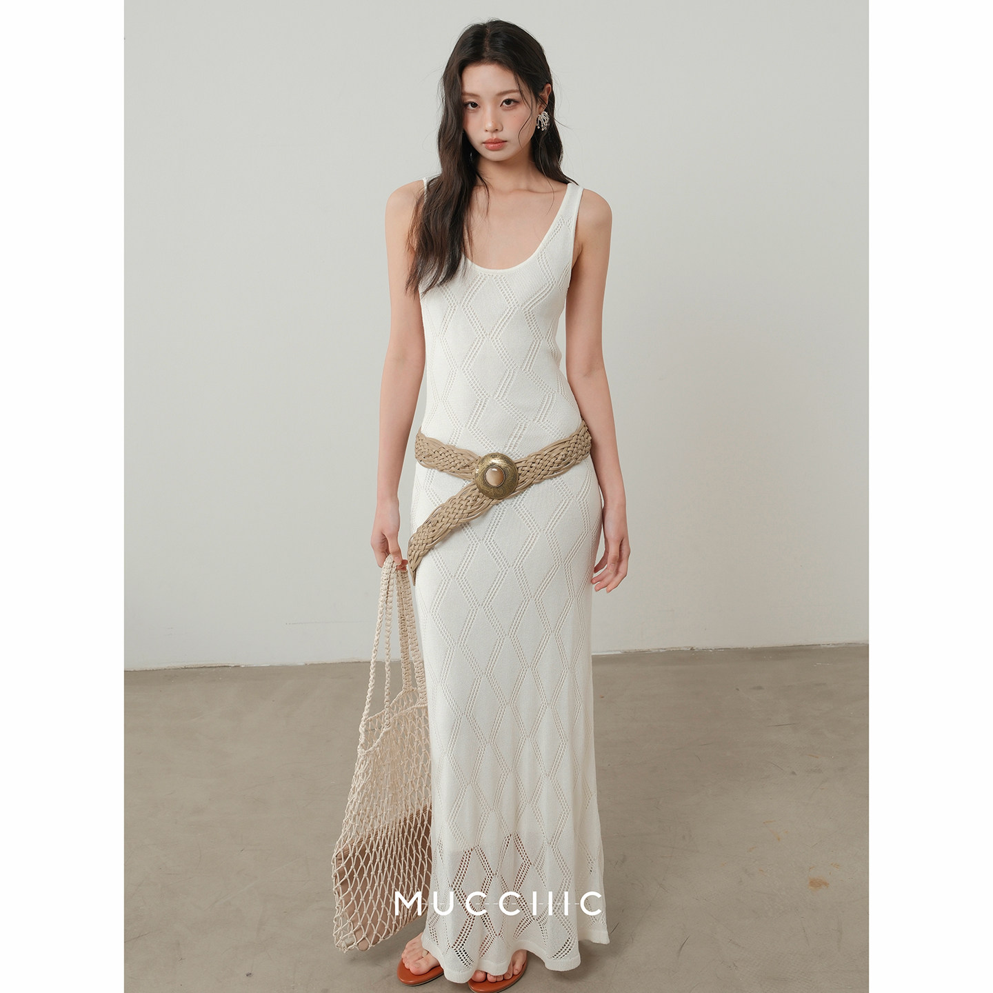 【3/27 20:00】MUCCHIC/镂空菱格编织针织背心长裙连衣裙不含腰带