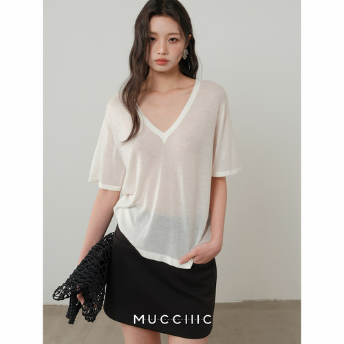 【3/27 20:00】MUCCHIC/【长期主义】水溶羊毛宽松V领针织短袖T恤