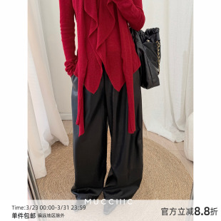 00新品 MUCCHIC 阔腿长裤 秋冬磨毛宽松微锥形pu皮裤