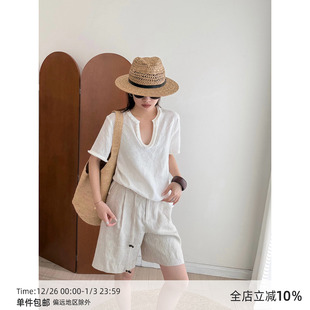 法式 上衣2025夏季 白色气质衬衣 老钱风流苏U领亚麻短袖 MUCCHIC