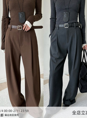 MUCCHIC/老钱风连腰微弧阔腿裤秋冬美拉德宽松百搭休闲长裤拖地裤