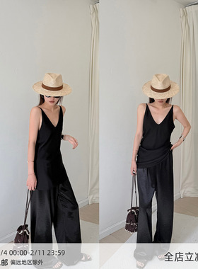 MUCCHIC/缎面光泽感空气裤松紧腰宽松显瘦垂感休闲裤直筒阔腿裤